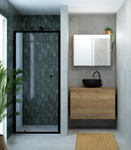 Stijlvolle badkamer met hout, zwart sanitair en glaswand douche