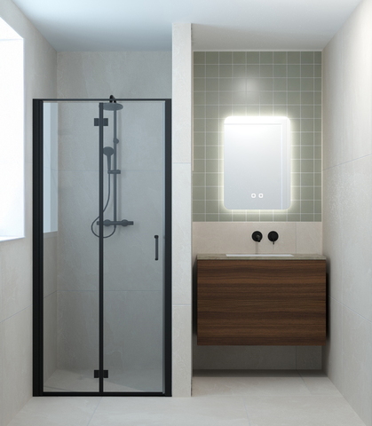 Compacte badkamer met glazen douchewand en donkerhouten badkamermeubel