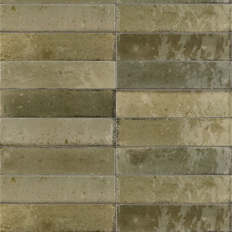 Keramische wandtegels in rechthoekig formaat met glanzende olijfgroene en beige tinten, ideaal voor keuken of badkamer