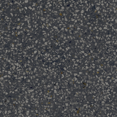 Donkergrijze terrazzo tegel met witte, blauwe en okerkleurige steensplinters, geschikt voor moderne en stedelijke interieurs