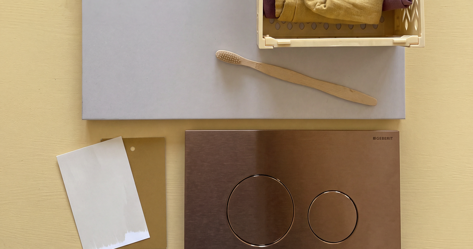 Toilet inspiratie in 2026 moodboard butteryellow met duwplaat in brons
