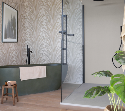 Biophilic design badkamer met groene accenten, planten, vrijstaand bad en glazen douchewand voor een natuurlijke uitstraling.