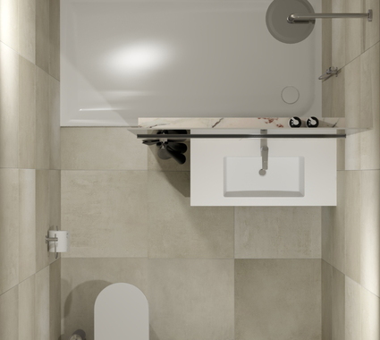 Indeling voor een kleine badkamer met inloopdouche, enkel meubel en toilet