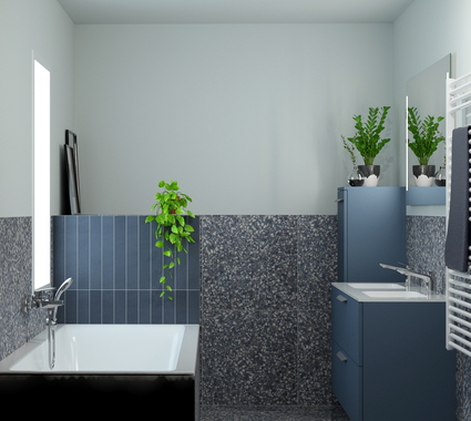 Moderne kleine badkamer met ligbad, strak badkamermeubel en terrazzo tegels, afgewerkt met groene planten voor sfeer.
