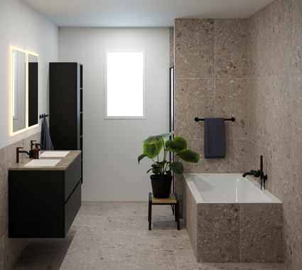 Badkamer van 9m2 met dubbel meubel, kolomkast, bad en douche