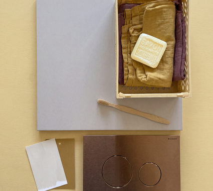 Toilet inspiratie in 2026 moodboard butteryellow met duwplaat in brons