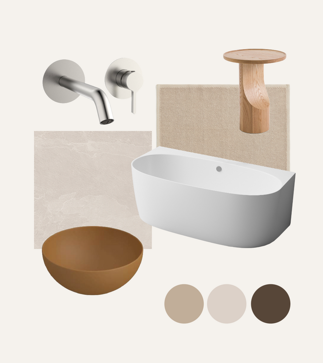 Moodboard voor badkamer met vrijstaand bad, houten bijzettafel, aardetinten en minimalistische design elementen.