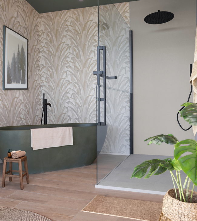 Biophilic design badkamer met groene accenten, planten, vrijstaand bad en glazen douchewand voor een natuurlijke uitstraling.
