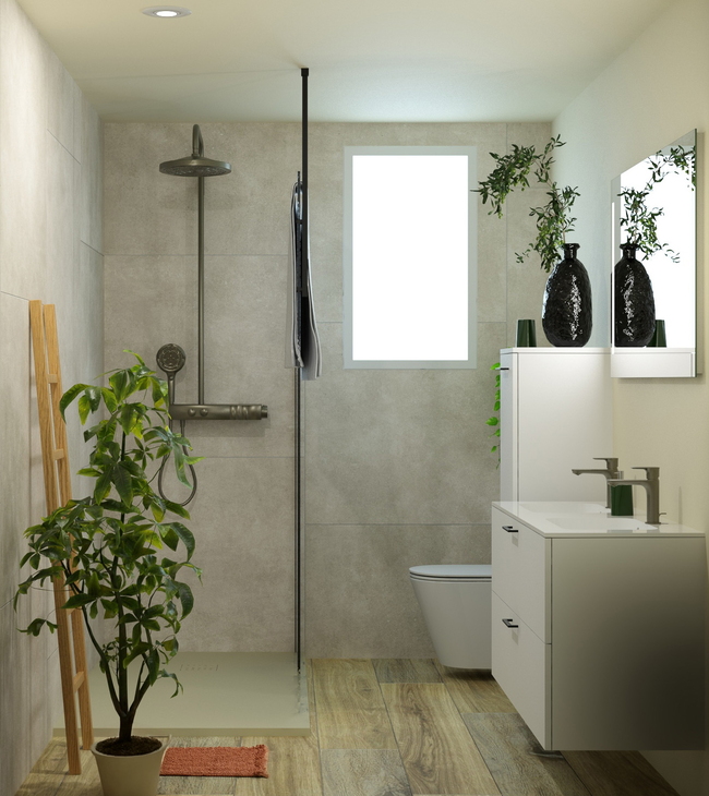 Aanzicht van een kleine badkamer van 200 x 280 cm met inloopdouche in natural stijl