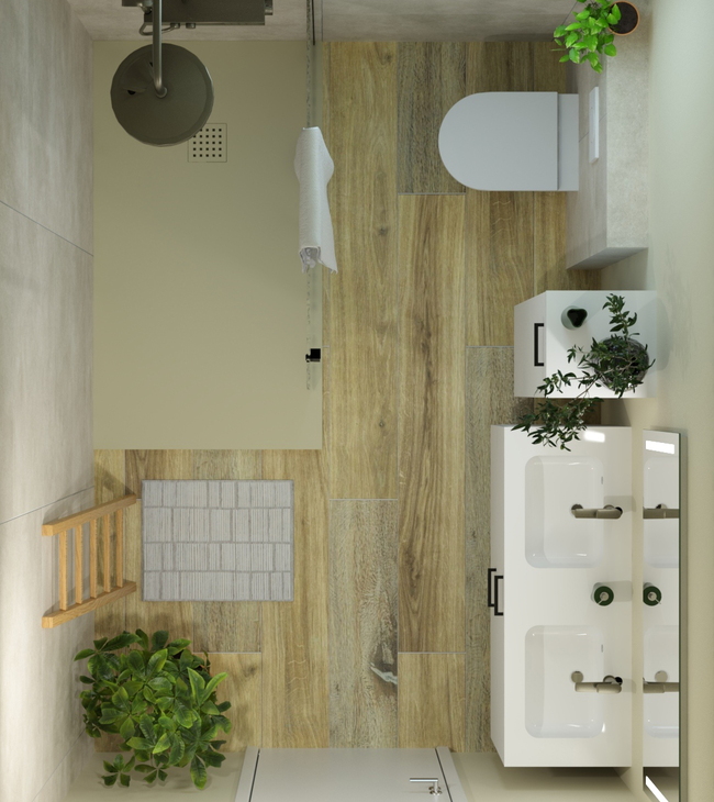 Bovenaanzicht van een kleine badkamer van 200 x 280 cm met inloopdouche in natural stijl