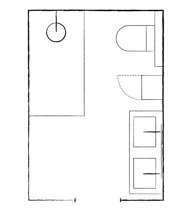Grondplan van een kleine badkamer met inloopdouche tegen de lange muur