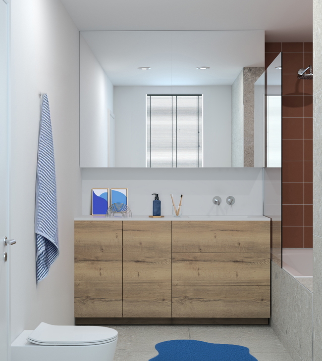Badkamer in new brutalism stijl met houten meubel, grote spiegelkast, blauwe accenten en terracotta wandtegels.