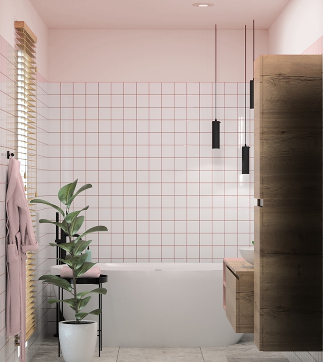 Badkamer met roze tegels en voegen, halfvrijstaand bad, houten meubel en zwarte accenten voor een strakke uitstraling.