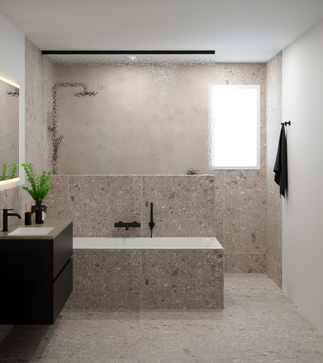 Badkamer 2,5 x 3,5m met bad, inloopdouche en meubel