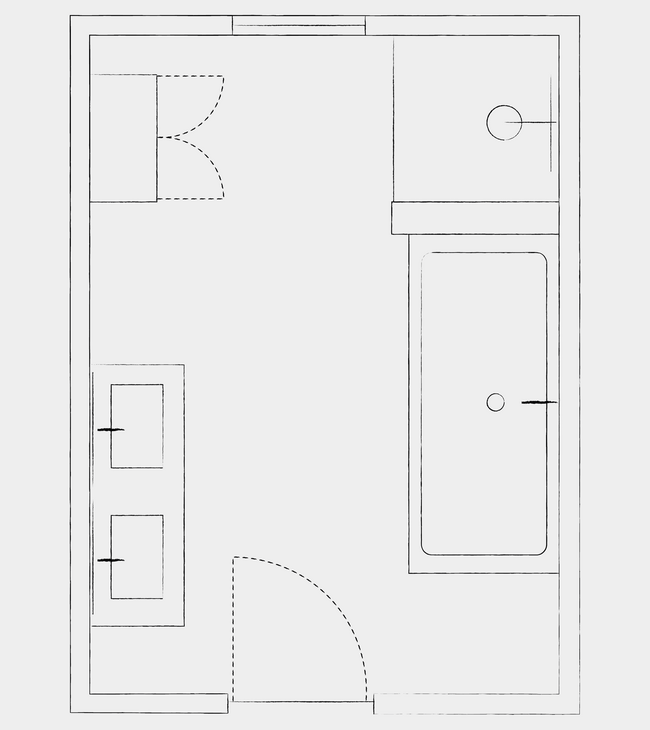 Grondplan badkamer 2,5 x 3,5m met bad, douche, dubbel meubel en kolomkast