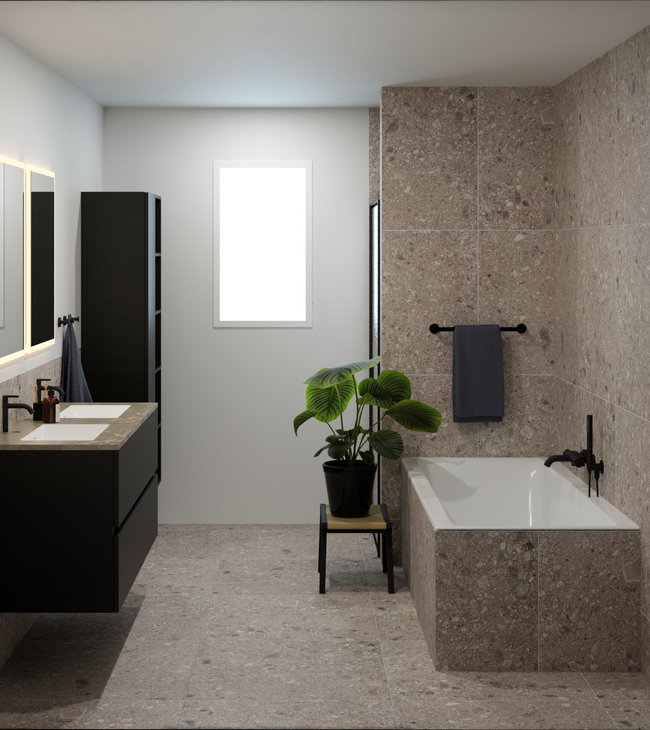 Badkamer van 9m2 met dubbel meubel, kolomkast, bad en douche